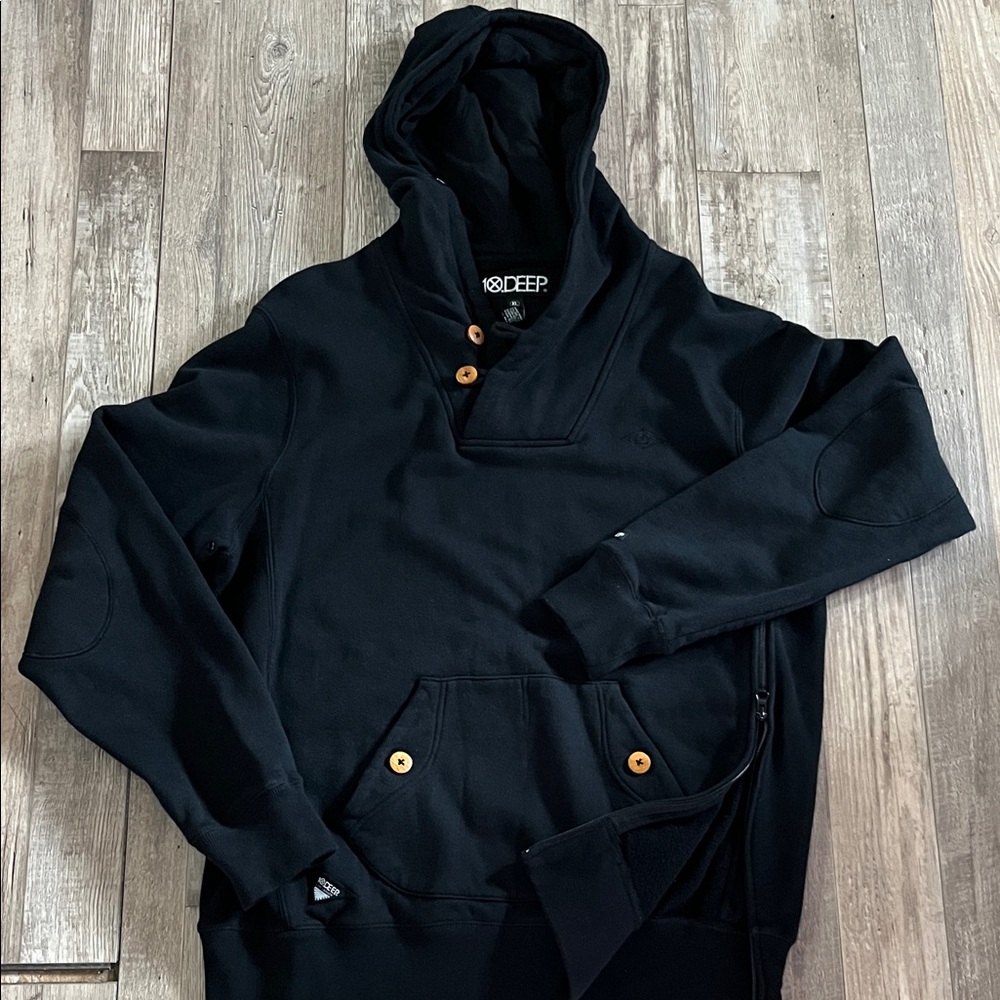 10.Deep Black Hooded Pullover with Wooden Button Placket